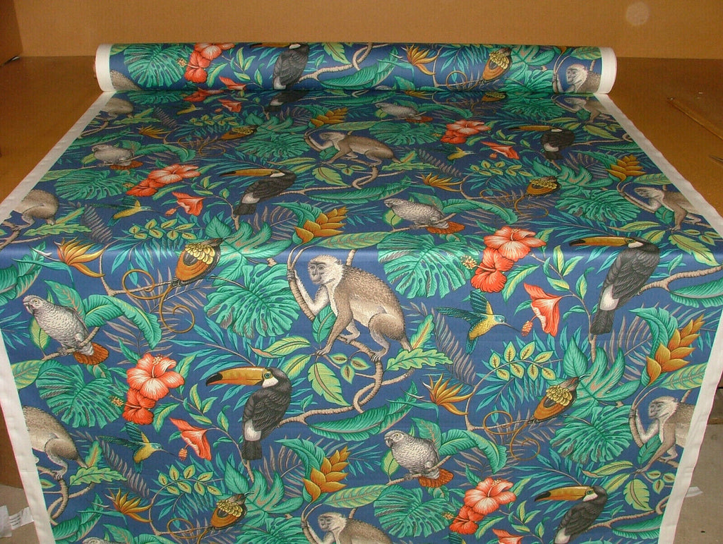 Marine Blue Tropical Birds Monkey Cotton Fabric Curtain Upholstery Blind Cushion