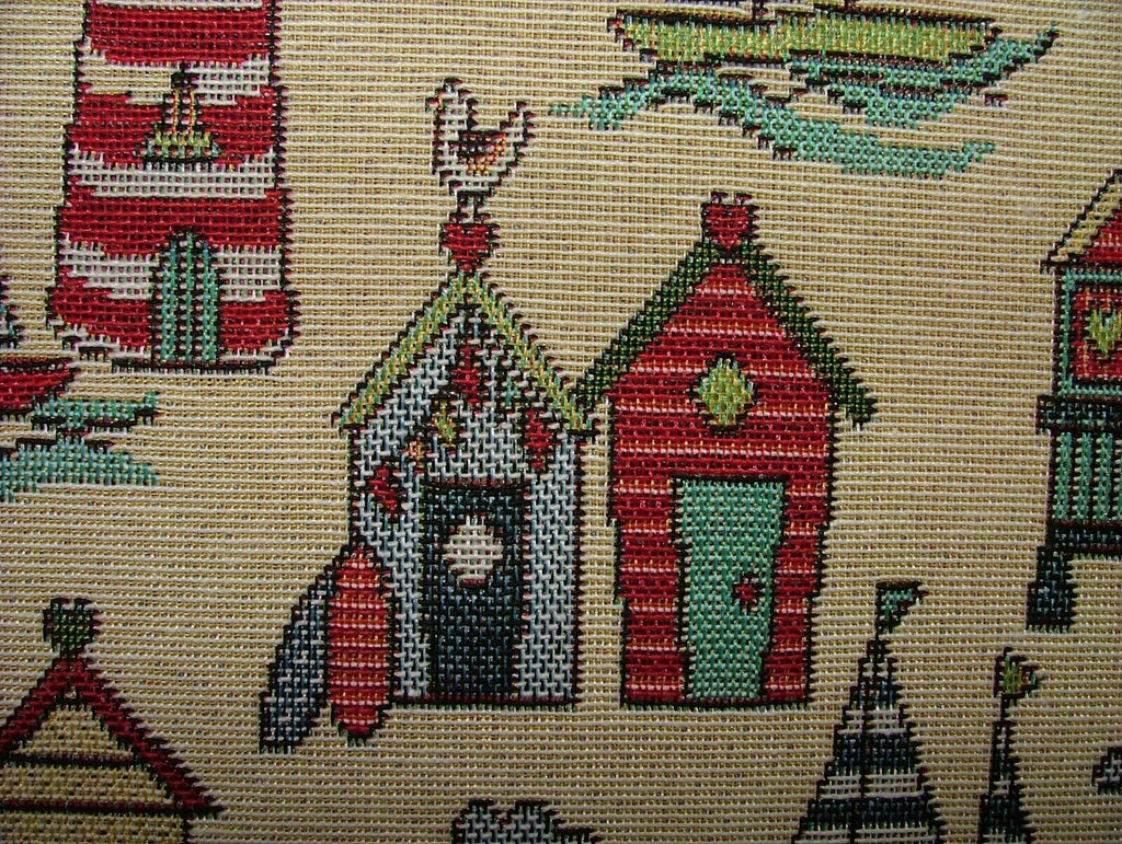 Tapestry Beach Huts Nautical Fabric Curtain Upholstery Cushion Craft Bag Making