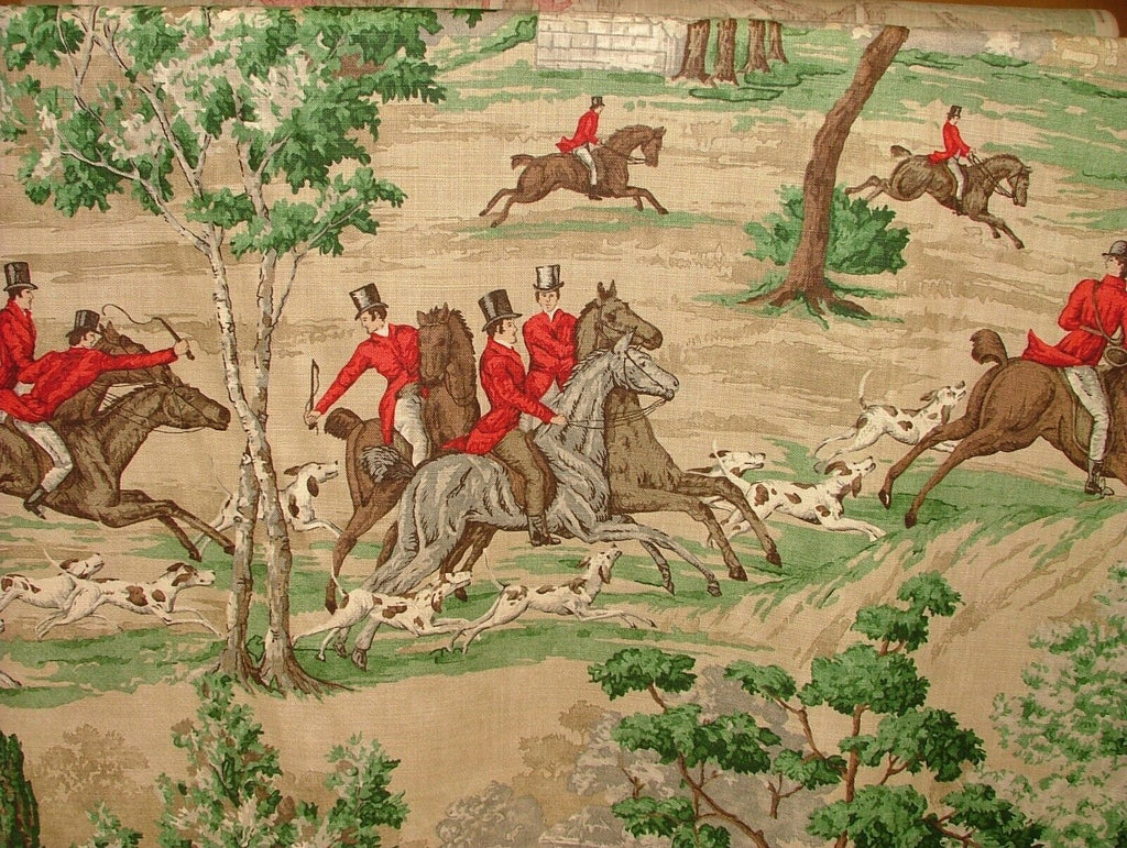 Sanderson Tally Ho Evergreen Crimson Hunting Horse Fabric Curtain Upholstery Use