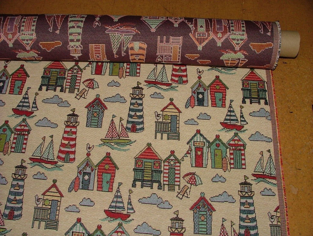 Tapestry Beach Huts Nautical Fabric Curtain Upholstery Cushion Craft Bag Making