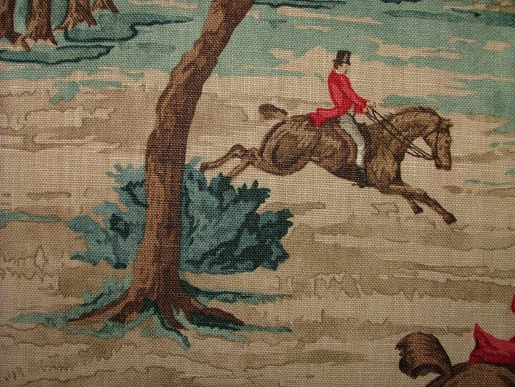 Sanderson Tally Ho Teal Ruby Hunting Horse Linen Fabric Curtain Upholstery Use