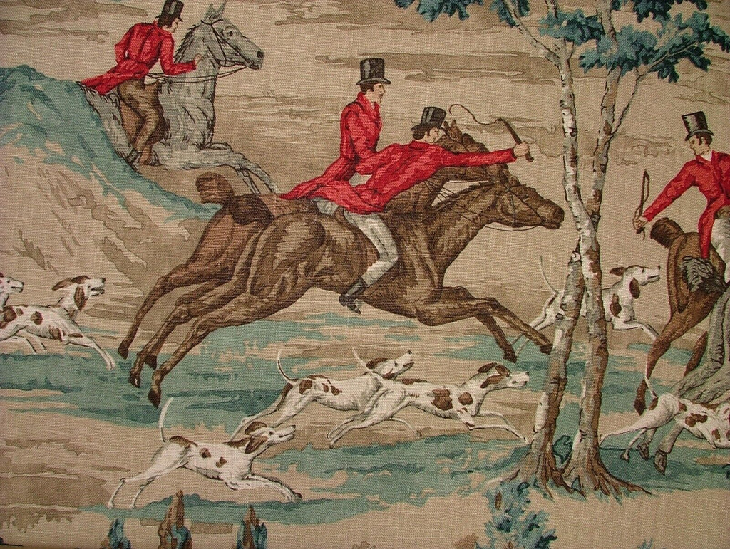 Sanderson Tally Ho Teal Ruby Hunting Horse Linen Fabric Curtain Upholstery Use