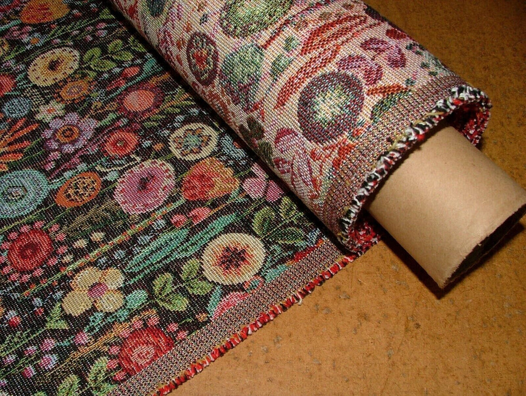 Cottage Garden Floral Black Tapestry Fabric Curtain Upholstery Cushion Throws