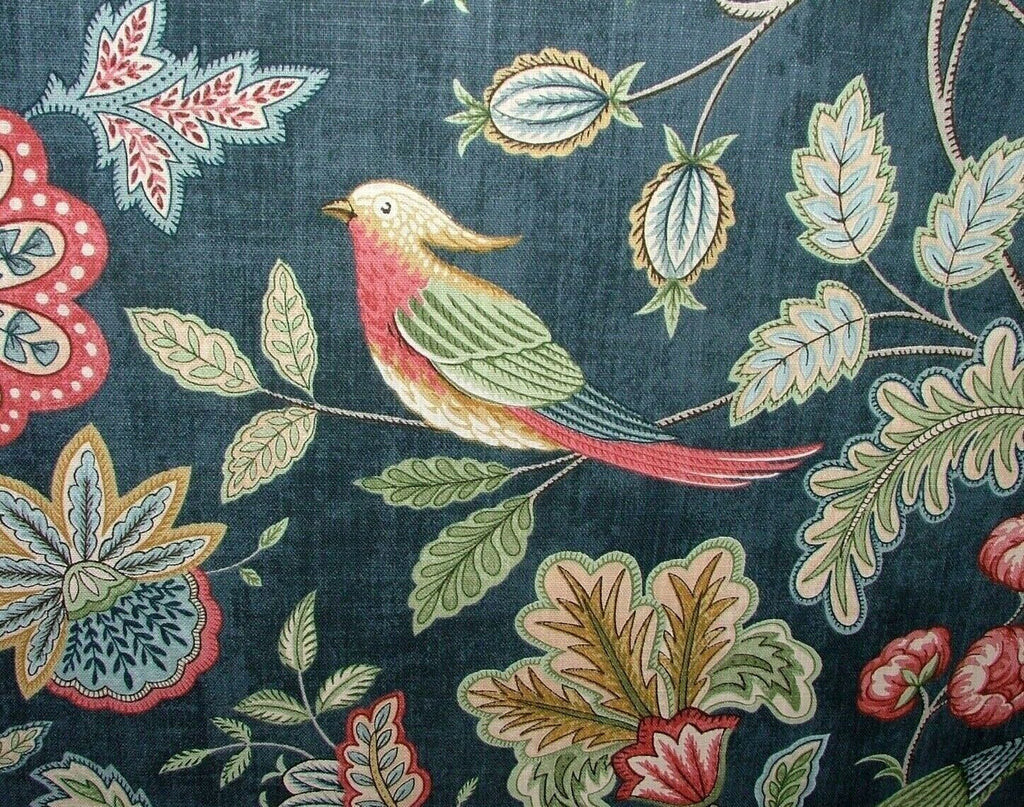 Chanterelle Navy Ornate Bird Floral Cotton Curtain Upholstery Cushion Fabric