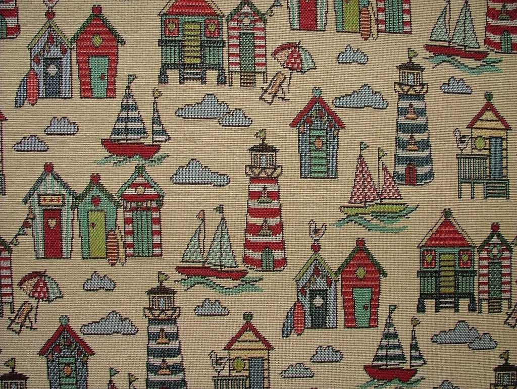 Tapestry Beach Huts Nautical Fabric Curtain Upholstery Cushion Craft Bag Making