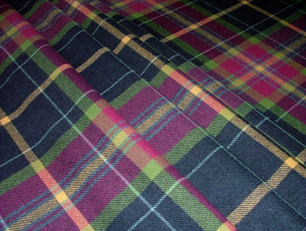 100% Shetland Wool Fuchsia Blue Tartan Check Upholstery Curtain Cushion Fabric