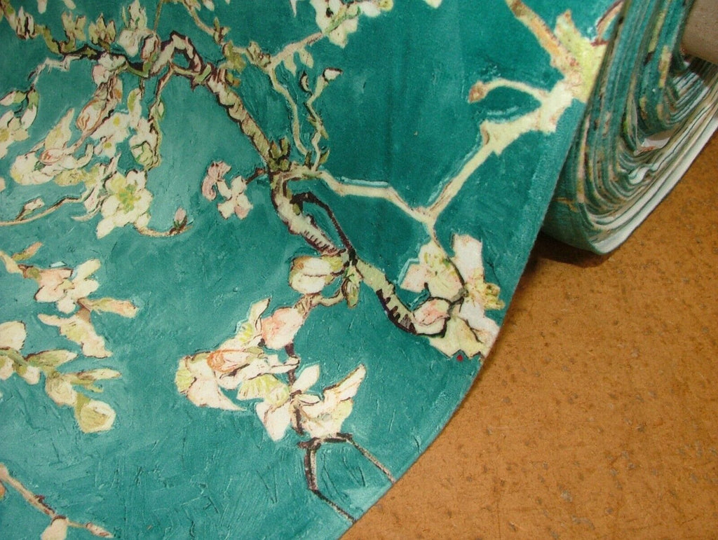 Japanese Cherry Blossom Tree Teal Velvet Fabric Curtain Upholstery Cushion Use