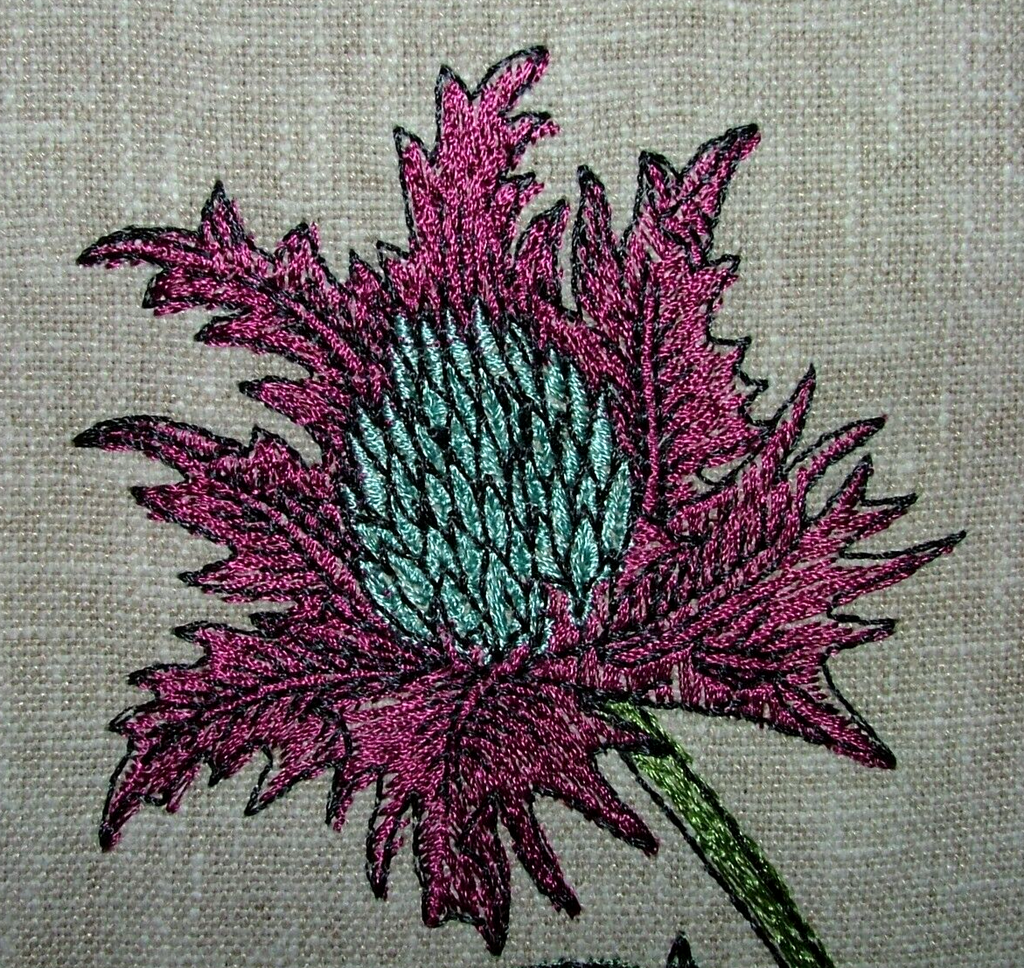 2.5 Metre Embroidered Scottish Thistle Carmine Fabric Curtain Upholstery Cushion