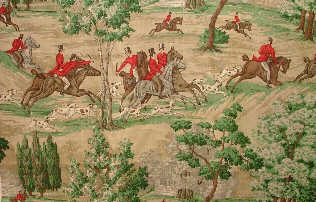 Sanderson Tally Ho Evergreen Crimson Hunting Horse Fabric Curtain Upholstery Use