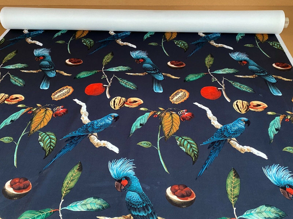 Cockatoo Ink Blue Plush Velvet Parrot Bird Fabric Curtain Upholstery Cushion