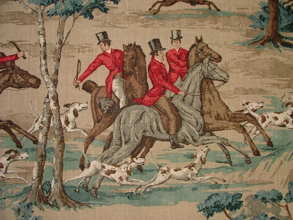 Sanderson Tally Ho Teal Ruby Hunting Horse Linen Fabric Curtain Upholstery Use