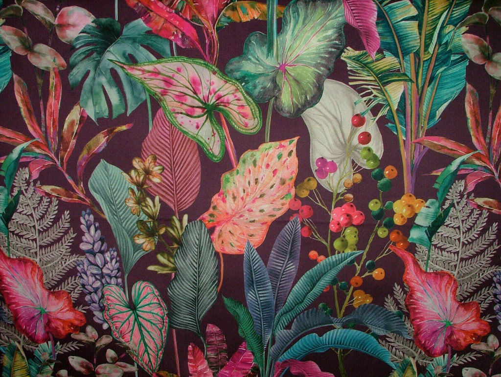 Purple Tropical Palms Plants Botanical Velvet Fabric Curtain Upholstery Cushion