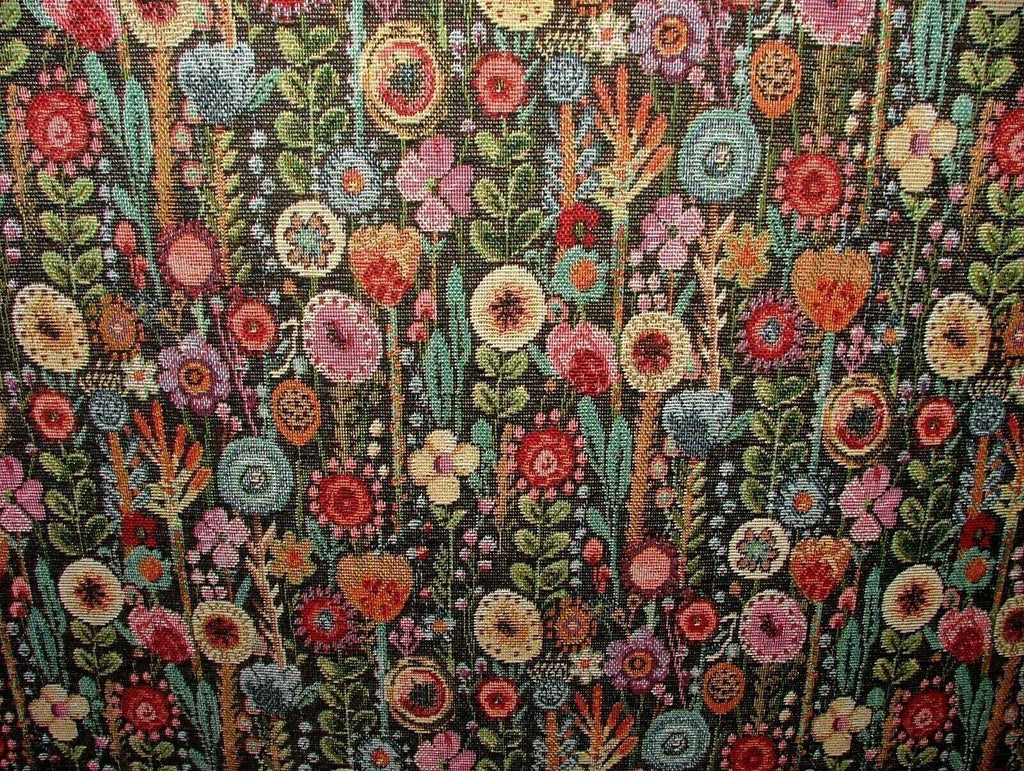 Cottage Garden Floral Black Tapestry Fabric Curtain Upholstery Cushion Throws