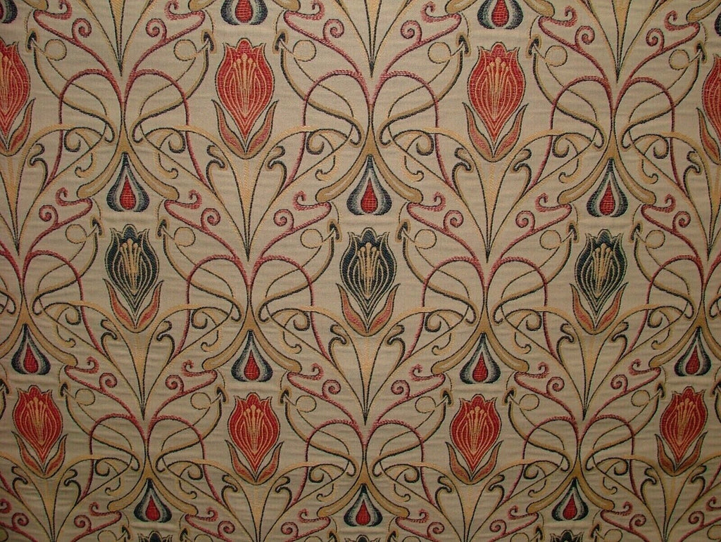 Art Nouveau Tulip Red And Blue Jacquard Curtain Upholstery Cushion Use Fabric