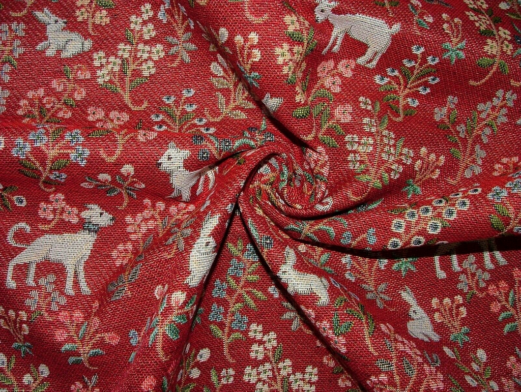 Jacobean Garden Animals Red Tapestry Fabric Curtain Upholstery Cushion Blind Use