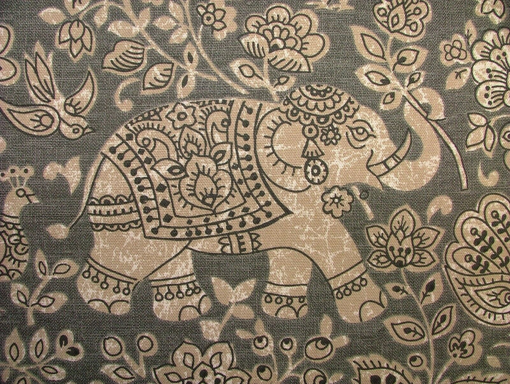 2 Metres Indian Elephant Charcoal Cotton Fabric Cushion Curtain Upholstery