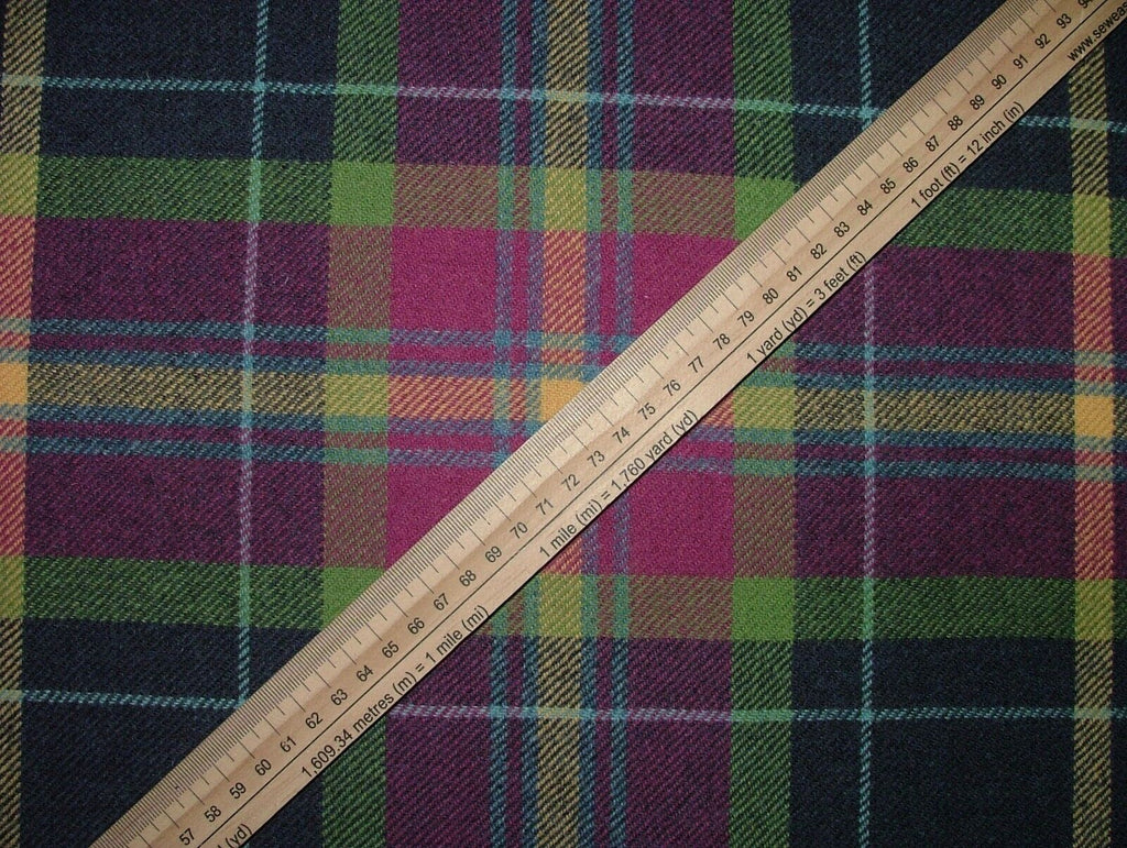 100% Shetland Wool Fuchsia Blue Tartan Check Upholstery Curtain Cushion Fabric