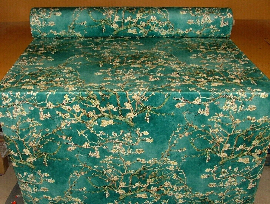 Japanese Cherry Blossom Tree Teal Velvet Fabric Curtain Upholstery Cushion Use