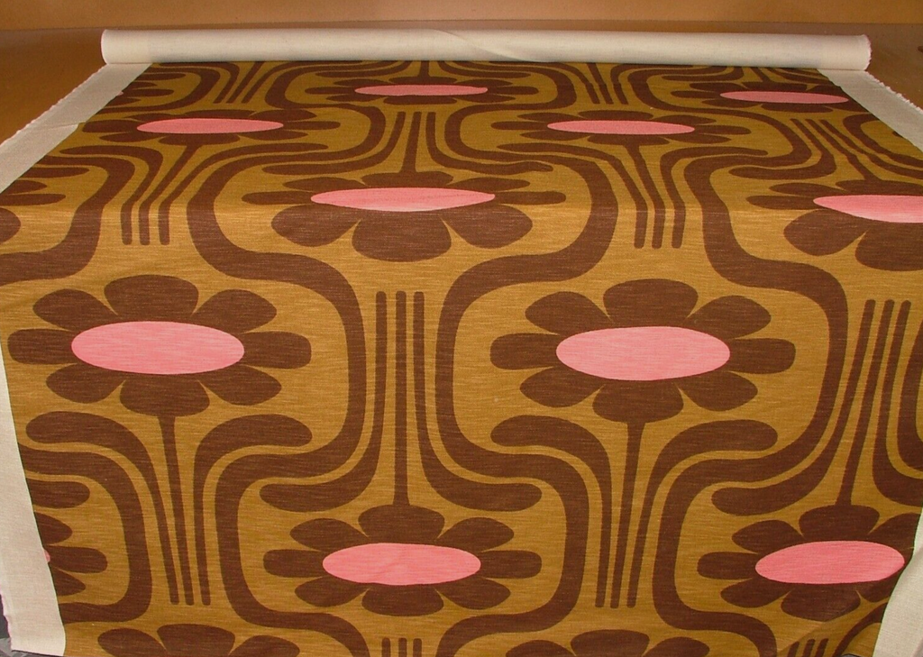 2 Metres Orla Kiely Slub Cotton Linen Fabric CLIMBING DAISY OCHRE TAN