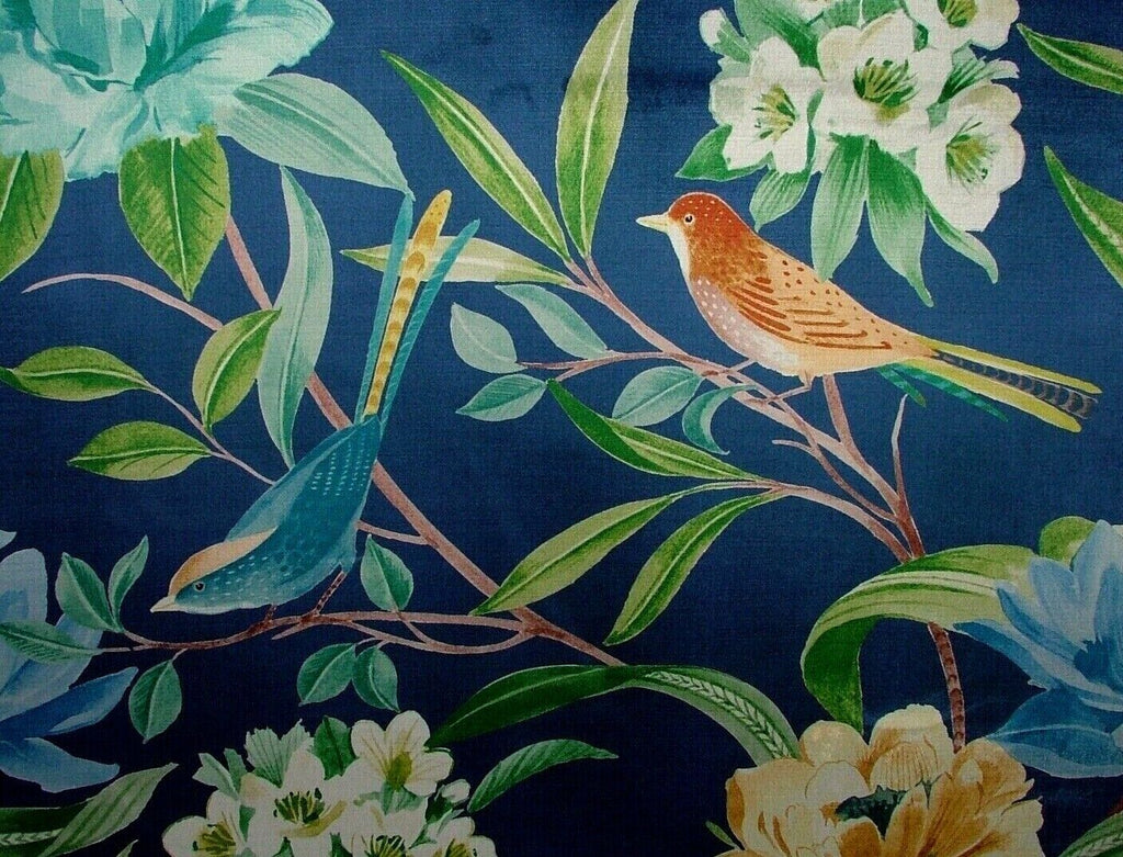 Shangri La Navy Blue Floral Exotic Bird Velvet Fabric Curtain Upholstery Cushion