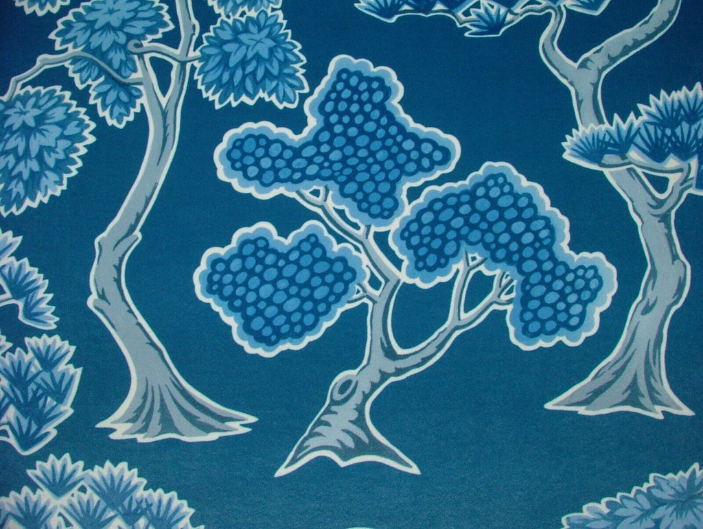 Japanese Japonica Oriental Tree Blue Velvet Fabric Curtain Upholstery Cushion