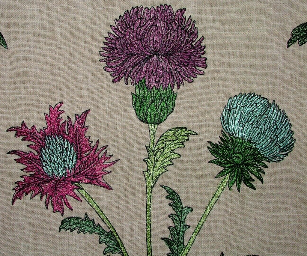 2.5 Metre Embroidered Scottish Thistle Carmine Fabric Curtain Upholstery Cushion