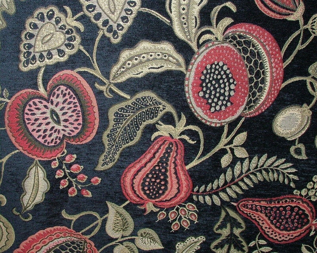 2.5 Metres Summer Fruits Indigo Blue Chenille Fabric Curtain Cushion Upholstery