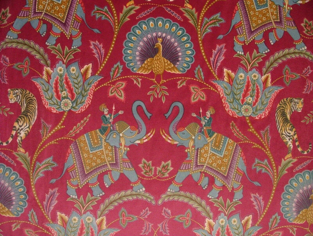 Indian Elephant Tiger Cerise Velvet Fabric Curtain Upholstery Cushion