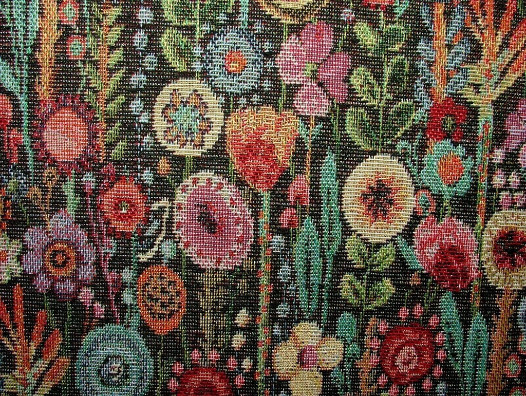 Cottage Garden Floral Black Tapestry Fabric Curtain Upholstery Cushion Throws