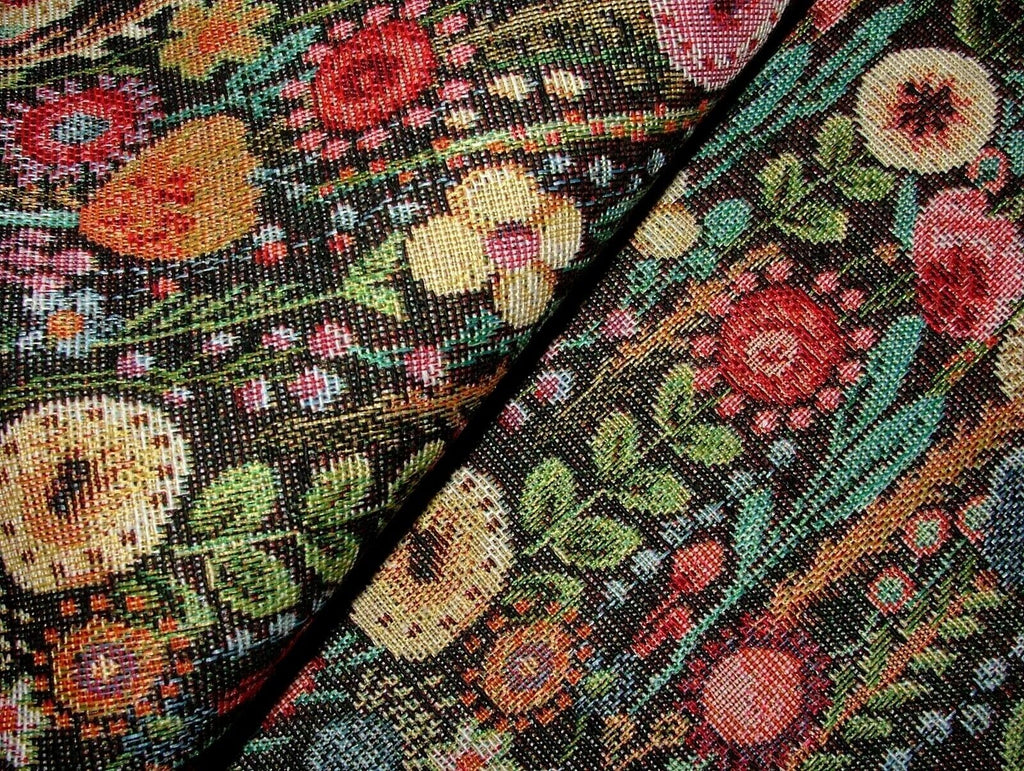 Cottage Garden Floral Black Tapestry Fabric Curtain Upholstery Cushion Throws