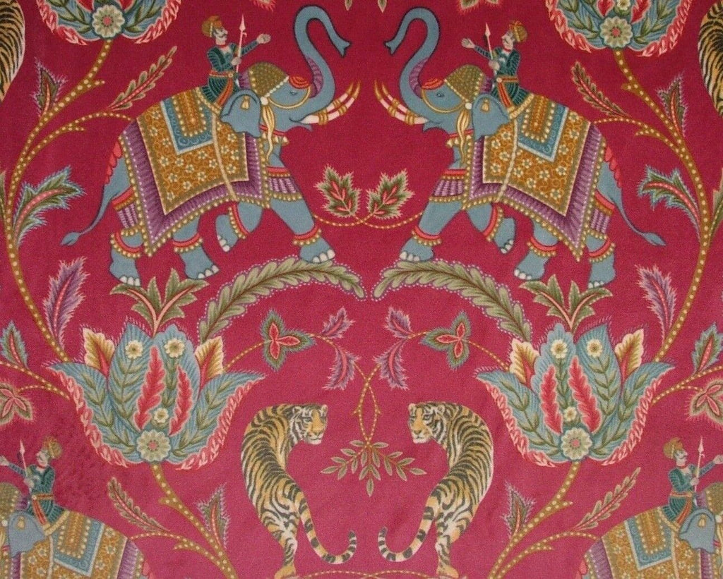 Indian Elephant Tiger Cerise Velvet Fabric Curtain Upholstery Cushion