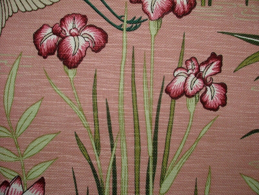 Japanese Water Lily And Birds Pink Linen Blend Curtain Upholstery Cushion Fabric