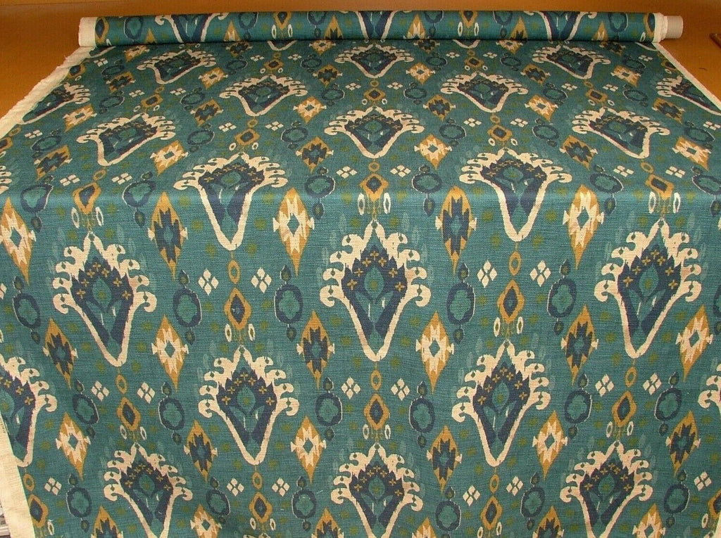 iLiv Boho Teal Ikat Linen Blend Cotton Curtain Upholstery Cushion Fabric
