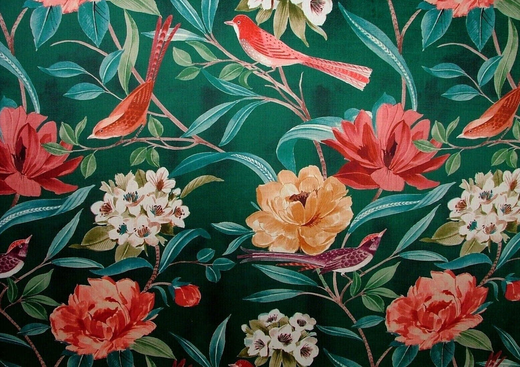 Shangri La Jade Floral Exotic Bird Velvet Fabric Curtain Upholstery Cushion