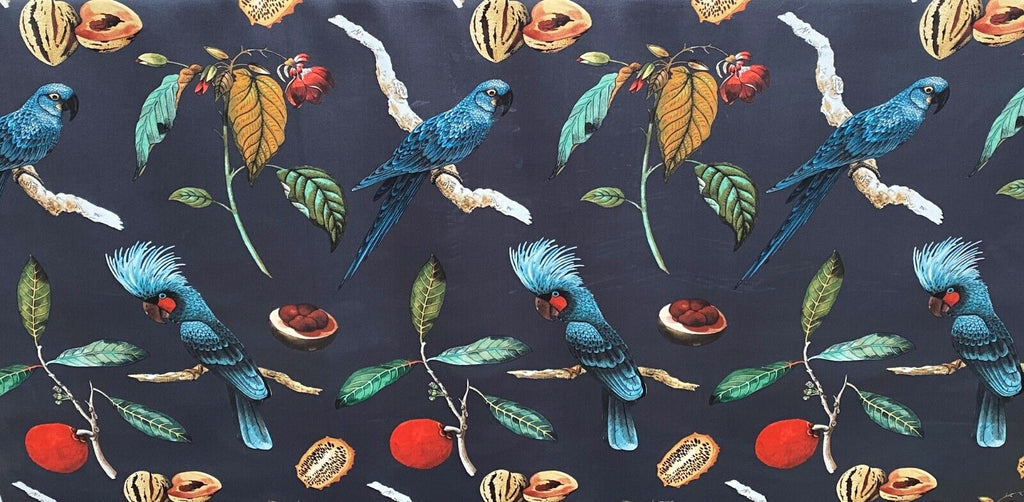 Cockatoo Ink Blue Plush Velvet Parrot Bird Fabric Curtain Upholstery Cushion