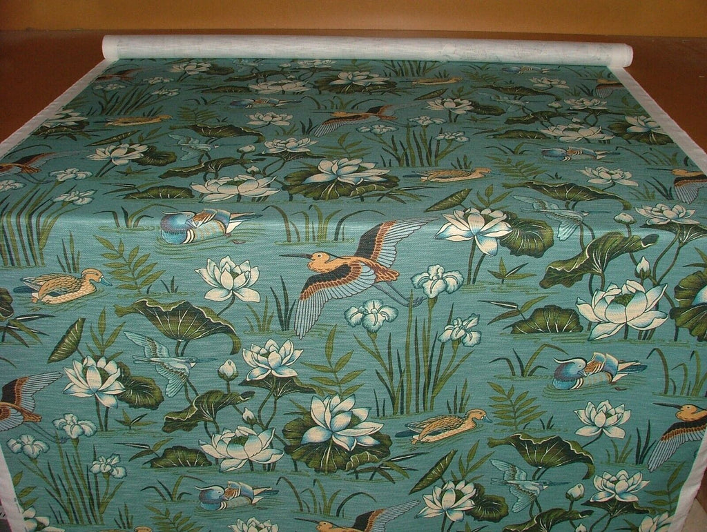 Japanese Water Lily And Birds Blue Linen Blend Curtain Upholstery Cushion Fabric