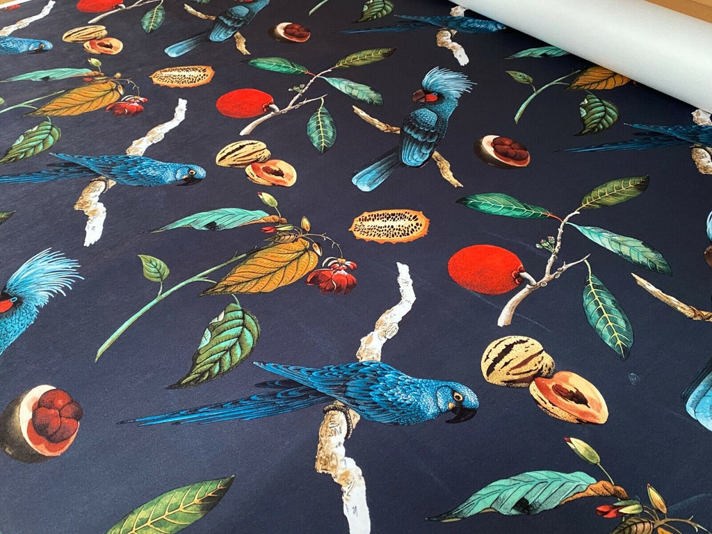 Cockatoo Ink Blue Plush Velvet Parrot Bird Fabric Curtain Upholstery Cushion