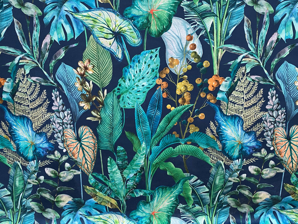 Sapphire Tropical Palm Plants Botanical Velvet Fabric Curtain Upholstery Cushion