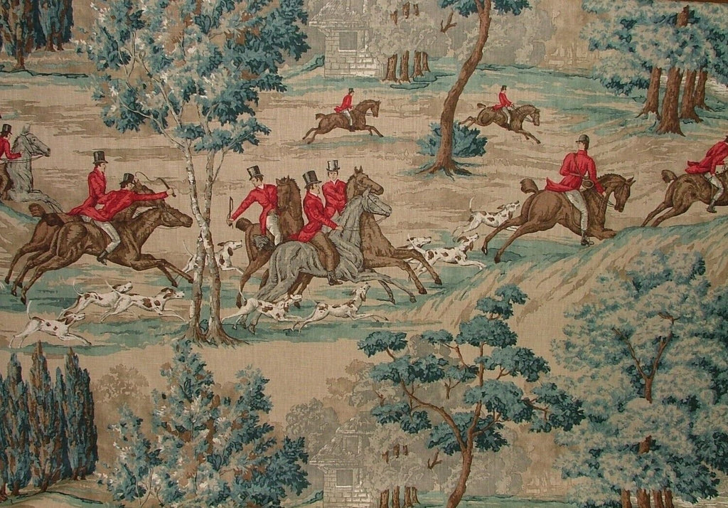 Sanderson Tally Ho Teal Ruby Hunting Horse Linen Fabric Curtain Upholstery Use