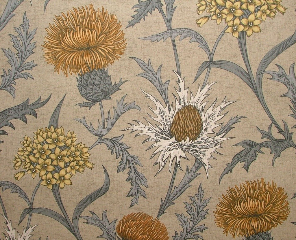 Scottish Thistle Ochre Cotton Curtain Upholstery Cushion Roman Blind Fabric