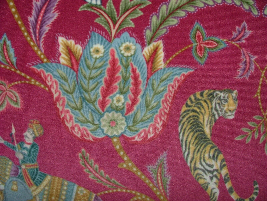 Indian Elephant Tiger Cerise Velvet Fabric Curtain Upholstery Cushion