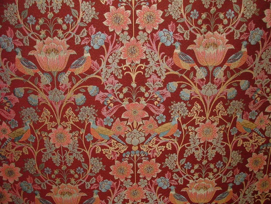 Morris Bird Rosso Jacquard Fabric Ideal For Curtain Upholstery Cushion Throws