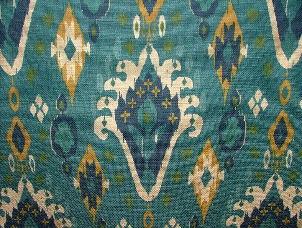 iLiv Boho Teal Ikat Linen Blend Cotton Curtain Upholstery Cushion Fabric