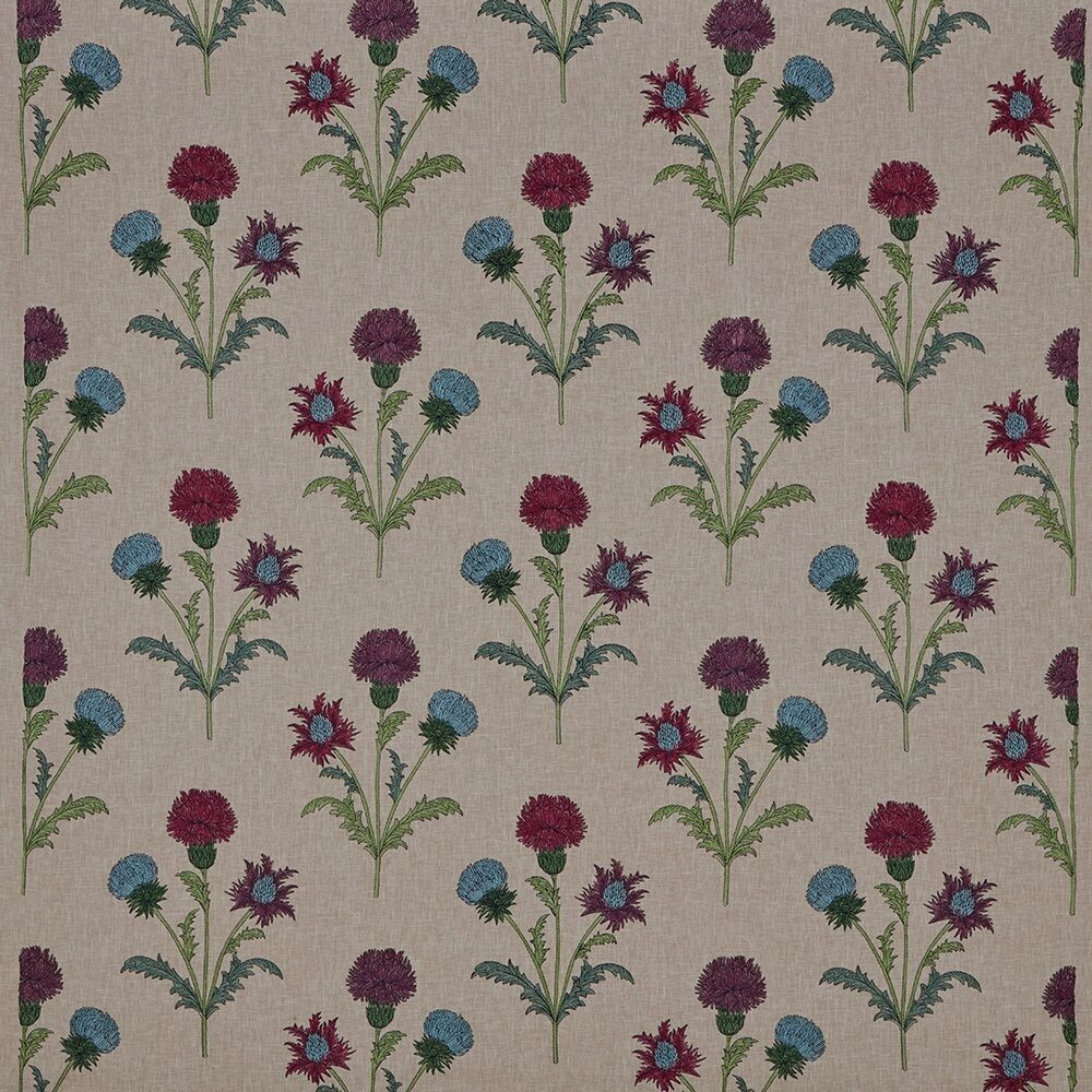 2.5 Metre Embroidered Scottish Thistle Carmine Fabric Curtain Upholstery Cushion