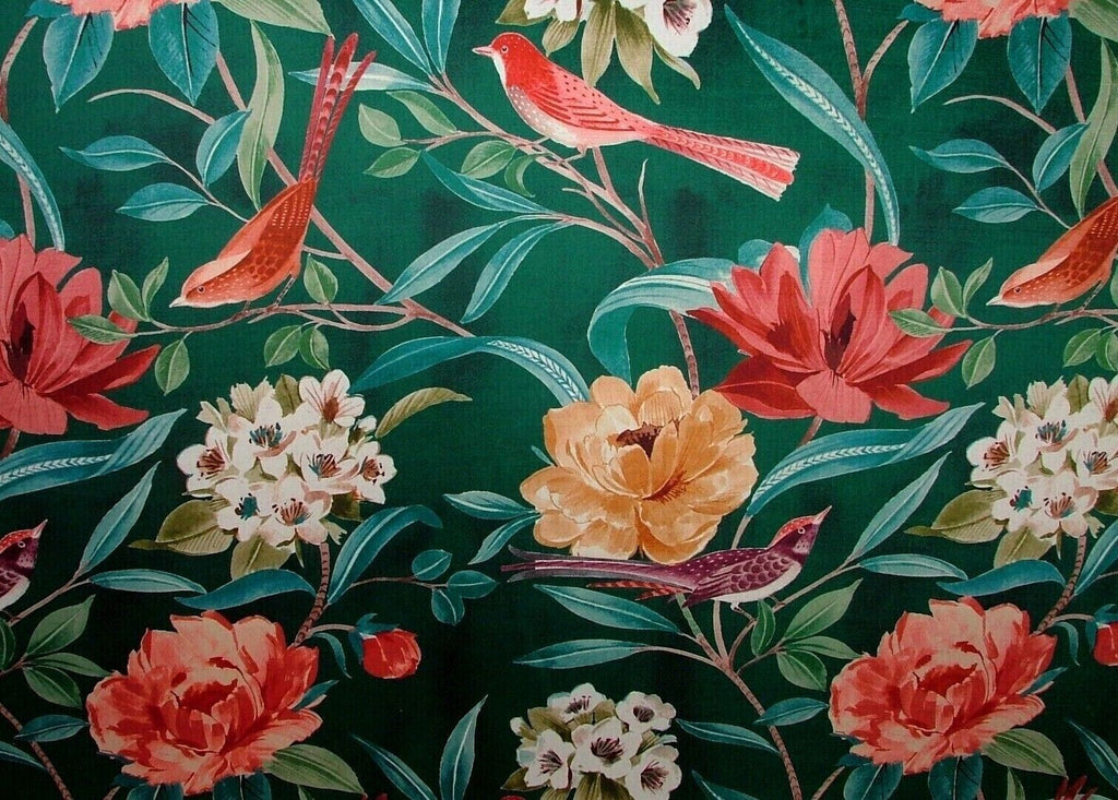 Shangri La Jade Floral Exotic Bird Velvet Fabric Curtain Upholstery Cushion