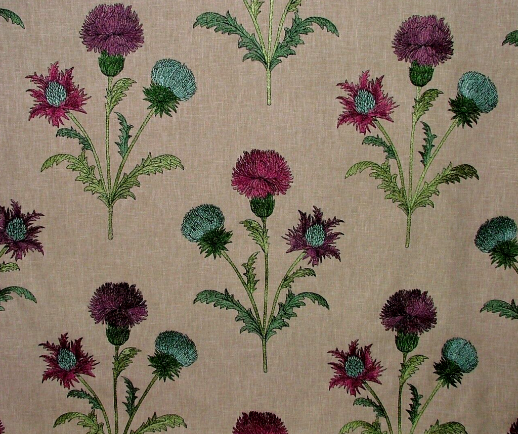 2.5 Metre Embroidered Scottish Thistle Carmine Fabric Curtain Upholstery Cushion