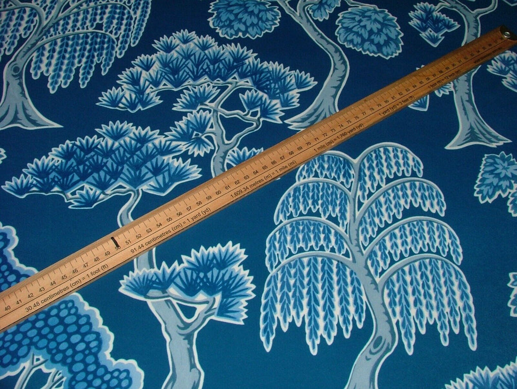 Japanese Japonica Oriental Tree Blue Velvet Fabric Curtain Upholstery Cushion