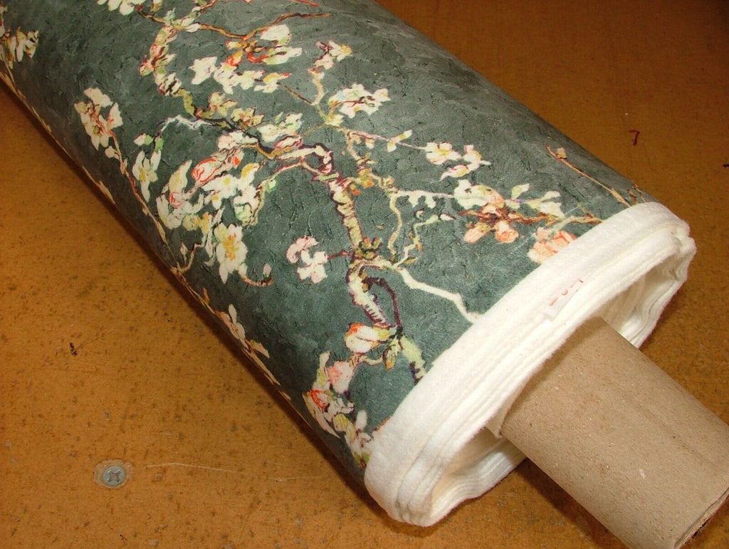 Japanese Cherry Blossom Tree Grey Velvet Fabric Curtain Upholstery Cushion Use