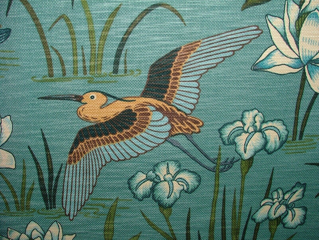 Japanese Water Lily And Birds Blue Linen Blend Curtain Upholstery Cushion Fabric