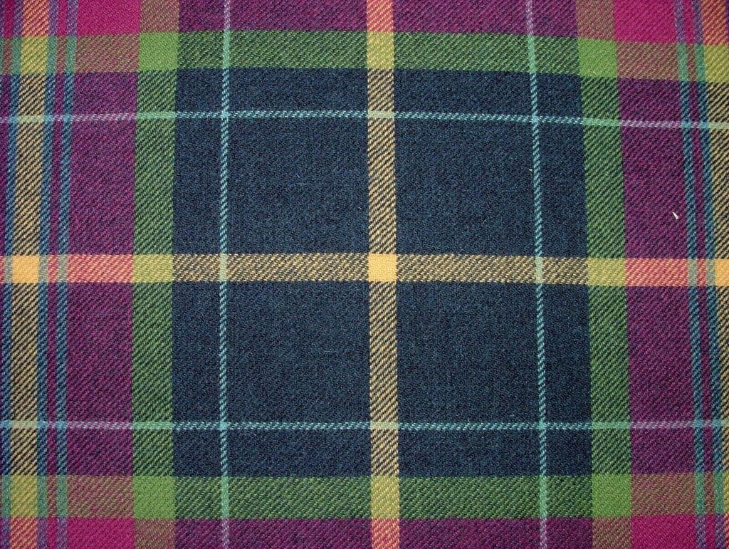 100% Shetland Wool Fuchsia Blue Tartan Check Upholstery Curtain Cushion Fabric